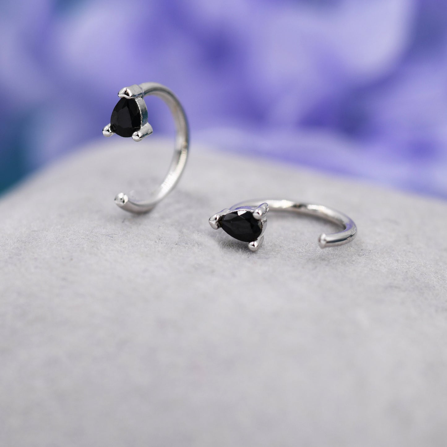 Black CZ Droplet Huggie Hoop Earrings in Sterling Silver, Tiny Pear Cut CZ Open Hoops, Pull Through Threaders, Half Hoops