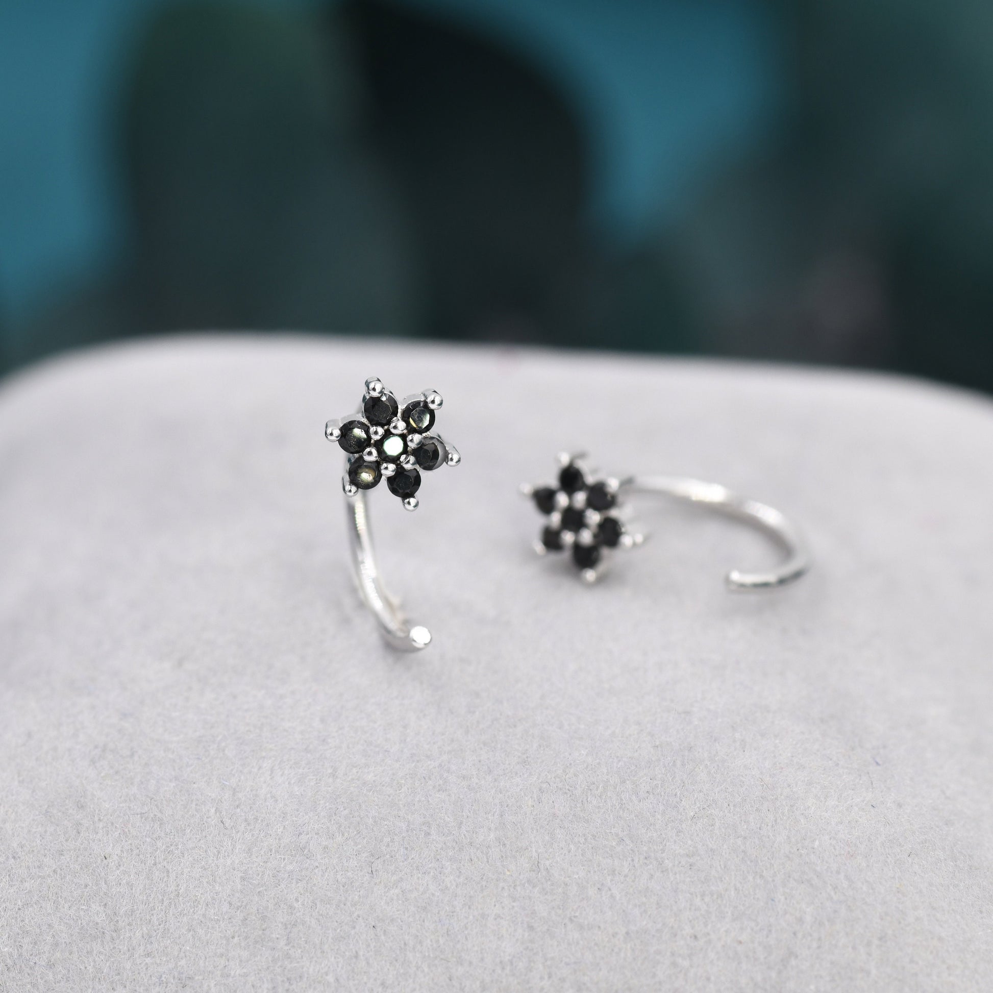 Black CZ Flower Huggie Hoop Earrings in Sterling Silver, Tiny CZ Cluster Open Hoops, Pull Through Threaders, Half Hoops
