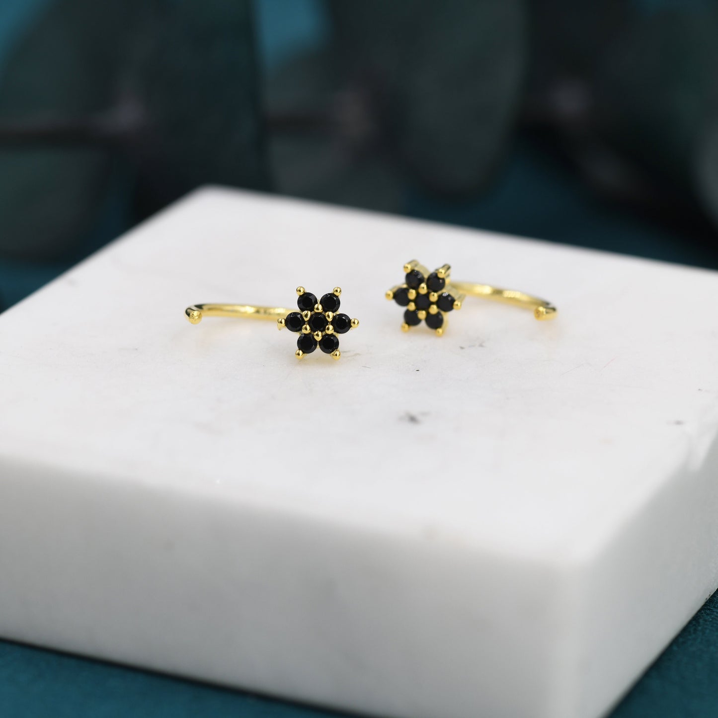 Black CZ Flower Huggie Hoop Earrings in Sterling Silver, Tiny CZ Cluster Open Hoops, Pull Through Threaders, Half Hoops