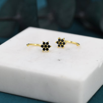 Black CZ Flower Huggie Hoop Earrings in Sterling Silver, Tiny CZ Cluster Open Hoops, Pull Through Threaders, Half Hoops