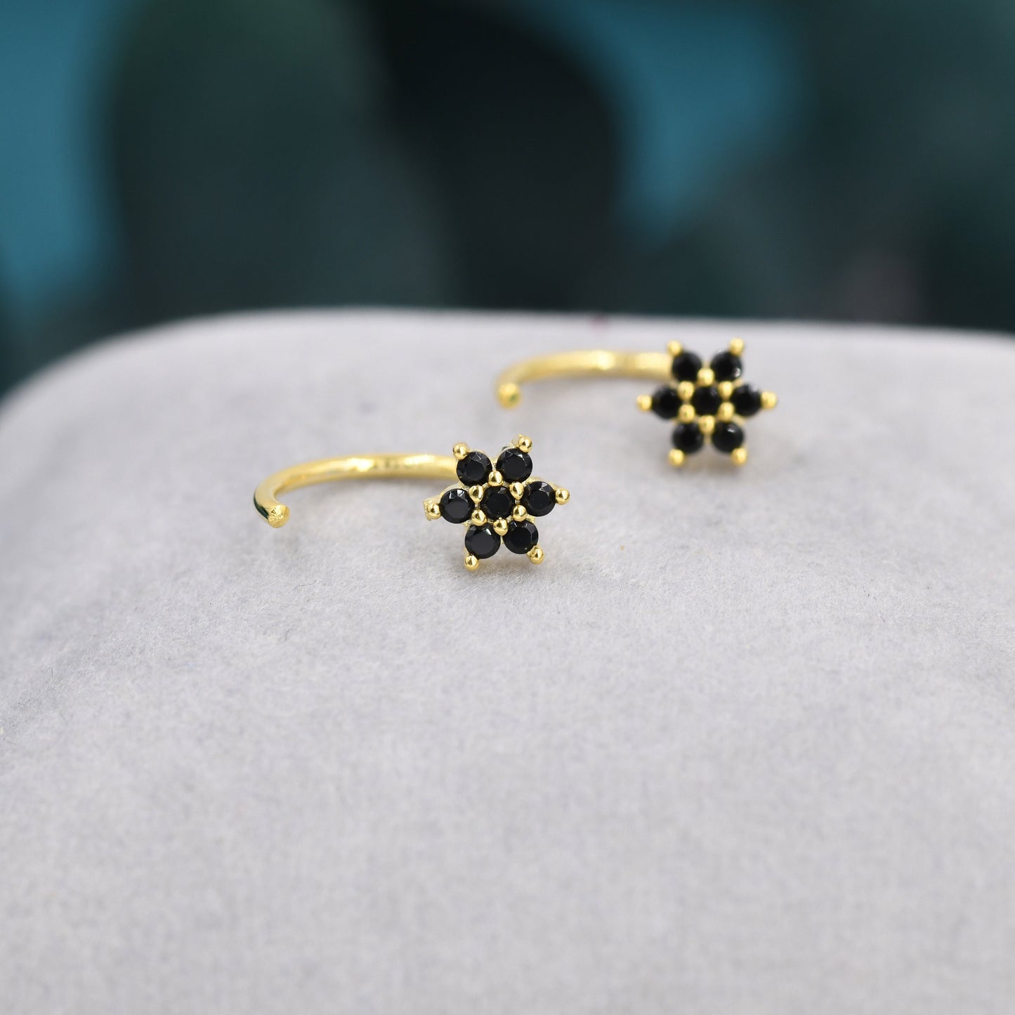 Black CZ Flower Huggie Hoop Earrings in Sterling Silver, Tiny CZ Cluster Open Hoops, Pull Through Threaders, Half Hoops
