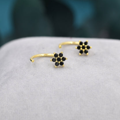 Black CZ Flower Huggie Hoop Earrings in Sterling Silver, Tiny CZ Cluster Open Hoops, Pull Through Threaders, Half Hoops