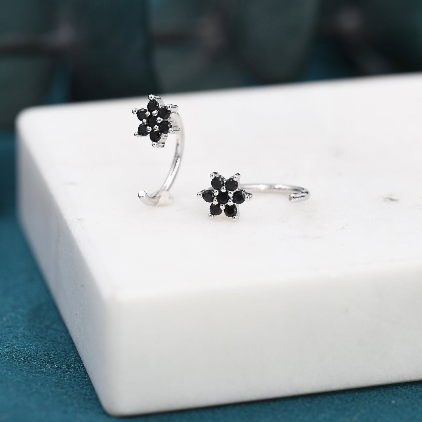 Black CZ Flower Huggie Hoop Earrings in Sterling Silver, Tiny CZ Cluster Open Hoops, Pull Through Threaders, Half Hoops