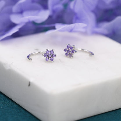 Amethyst Purple Flower Huggie Hoop Earrings in Sterling Silver, Tiny CZ Cluster Open Hoops, Pull Through Threaders, Half Hoops