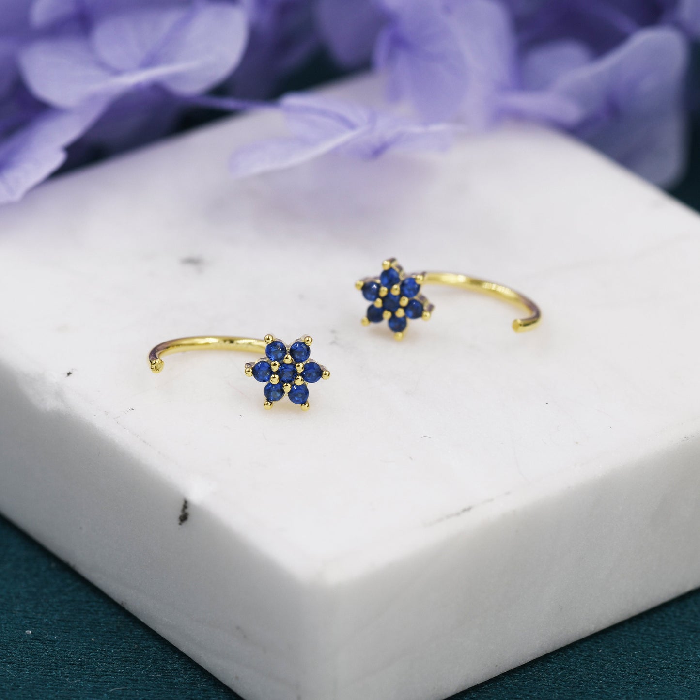 Sapphire Blue Flower Huggie Hoop Earrings in Sterling Silver, Tiny CZ Cluster Open Hoops, Pull Through Threaders, Half Hoops