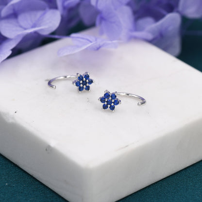 Sapphire Blue Flower Huggie Hoop Earrings in Sterling Silver, Tiny CZ Cluster Open Hoops, Pull Through Threaders, Half Hoops