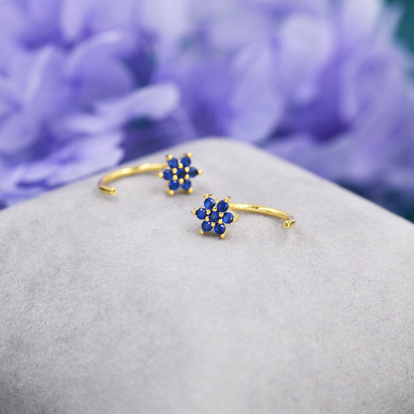 Sapphire Blue Flower Huggie Hoop Earrings in Sterling Silver, Tiny CZ Cluster Open Hoops, Pull Through Threaders, Half Hoops