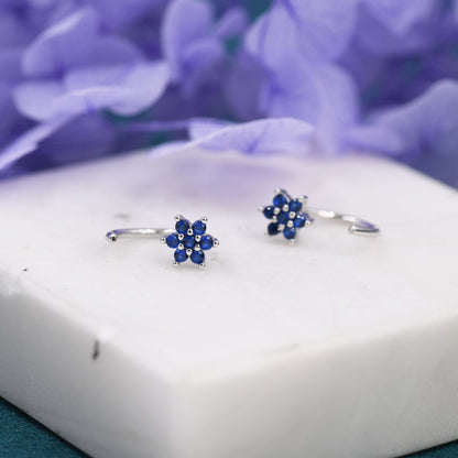 Sapphire Blue Flower Huggie Hoop Earrings in Sterling Silver, Tiny CZ Cluster Open Hoops, Pull Through Threaders, Half Hoops