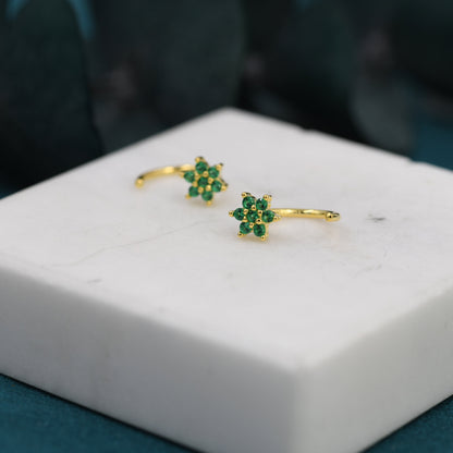 Emerald Green Flower Huggie Hoop Earrings in Sterling Silver, Tiny CZ Cluster Open Hoops, Pull Through Threaders, Half Hoops