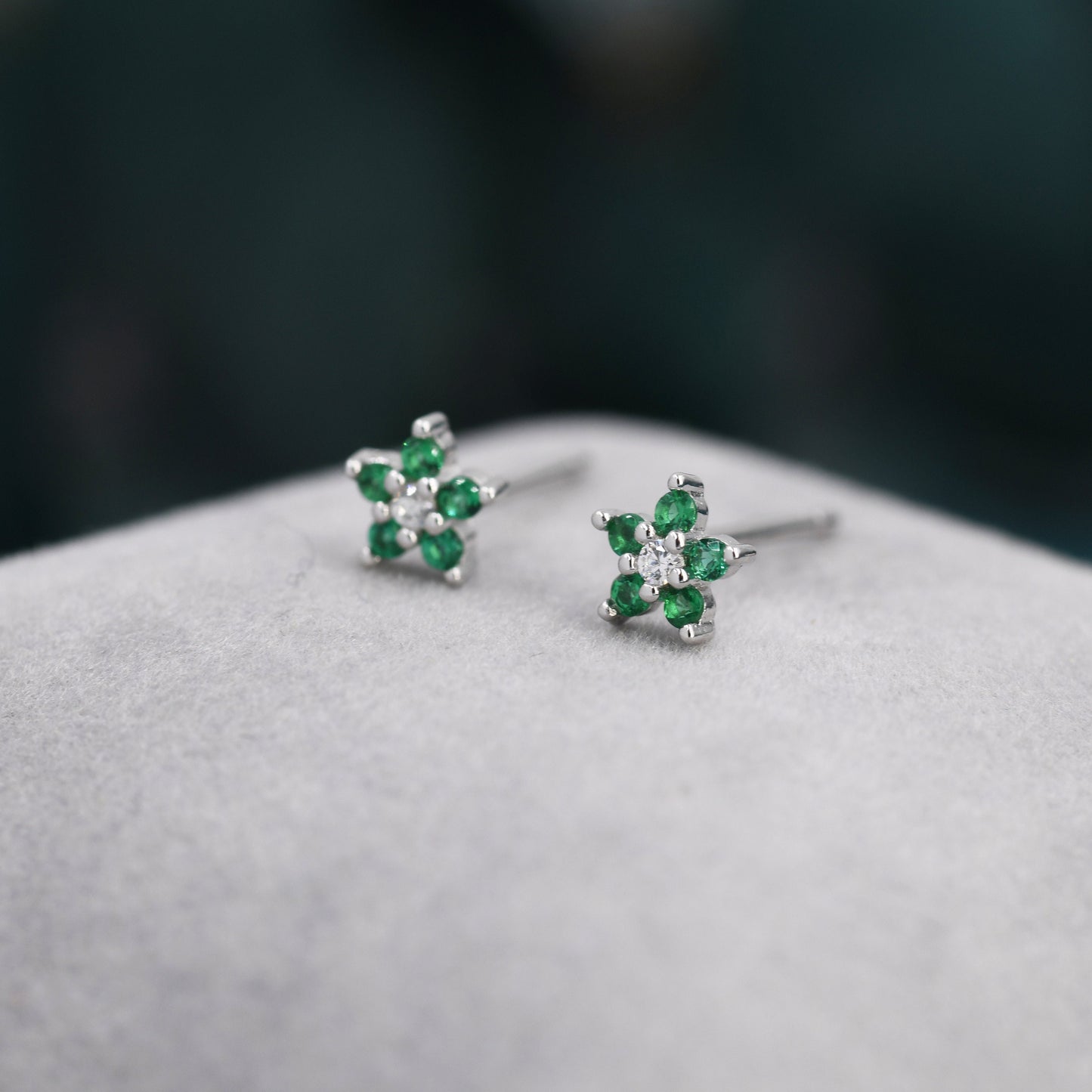 Very Small Emerald Green CZ Flower Stud Earrings in Sterling Silver, Silver or Gold, Crystal Flower Earrings, Stacking Earrings