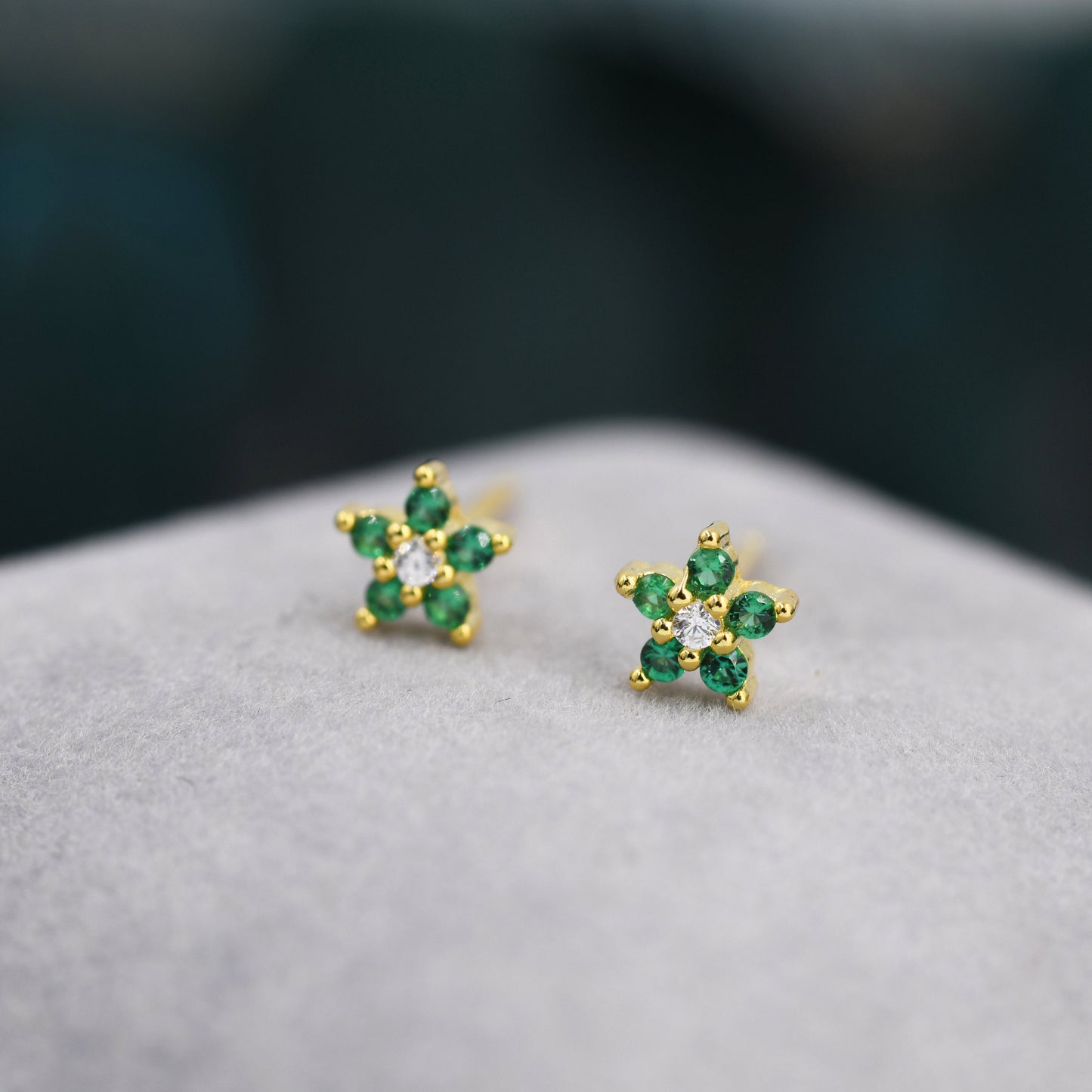 Very Small Emerald Green CZ Flower Stud Earrings in Sterling Silver, Silver or Gold, Crystal Flower Earrings, Stacking Earrings