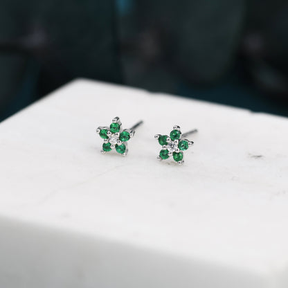 Very Small Emerald Green CZ Flower Stud Earrings in Sterling Silver, Silver or Gold, Crystal Flower Earrings, Stacking Earrings