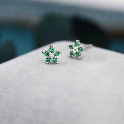 Very Small Emerald Green CZ Flower Stud Earrings in Sterling Silver, Silver or Gold, Crystal Flower Earrings, Stacking Earrings