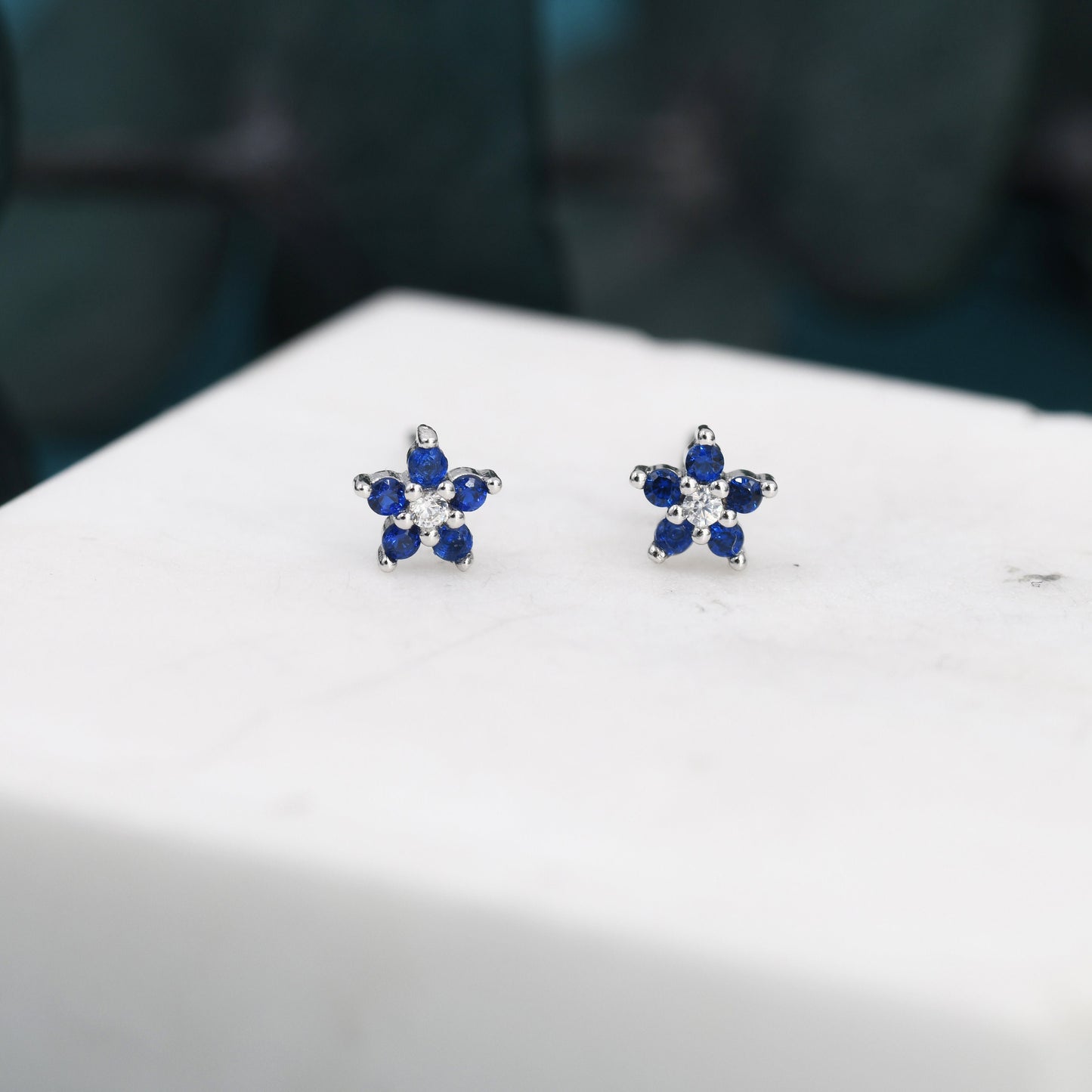 Tiny Sapphire Blue CZ Flower Stud Earrings in Sterling Silver, Silver or Gold, Forget Me Not Crystal Flower Earrings, Stacking Earring