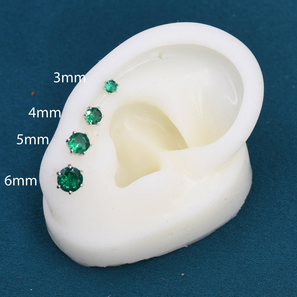 Emerald Green CZ Screw Back Earrings in Sterling Silver, Available in 3mm 4mm 5mm 6mm, Brilliant Cut Emerald Green CZ Earrings, Four Prong