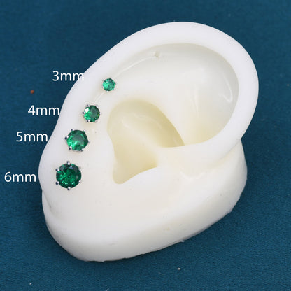 Emerald Green CZ Screw Back Earrings in Sterling Silver, Available in 3mm 4mm 5mm 6mm, Brilliant Cut Emerald Green CZ Earrings, Four Prong