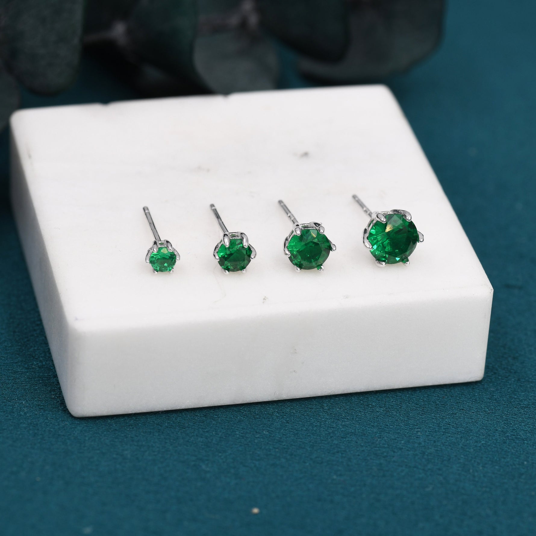 Emerald Green CZ Stud Earrings in Sterling Silver, Available in 3mm 4mm 5mm 6mm, Brilliant Cut Emerald Green CZ Earrings, Prong Set