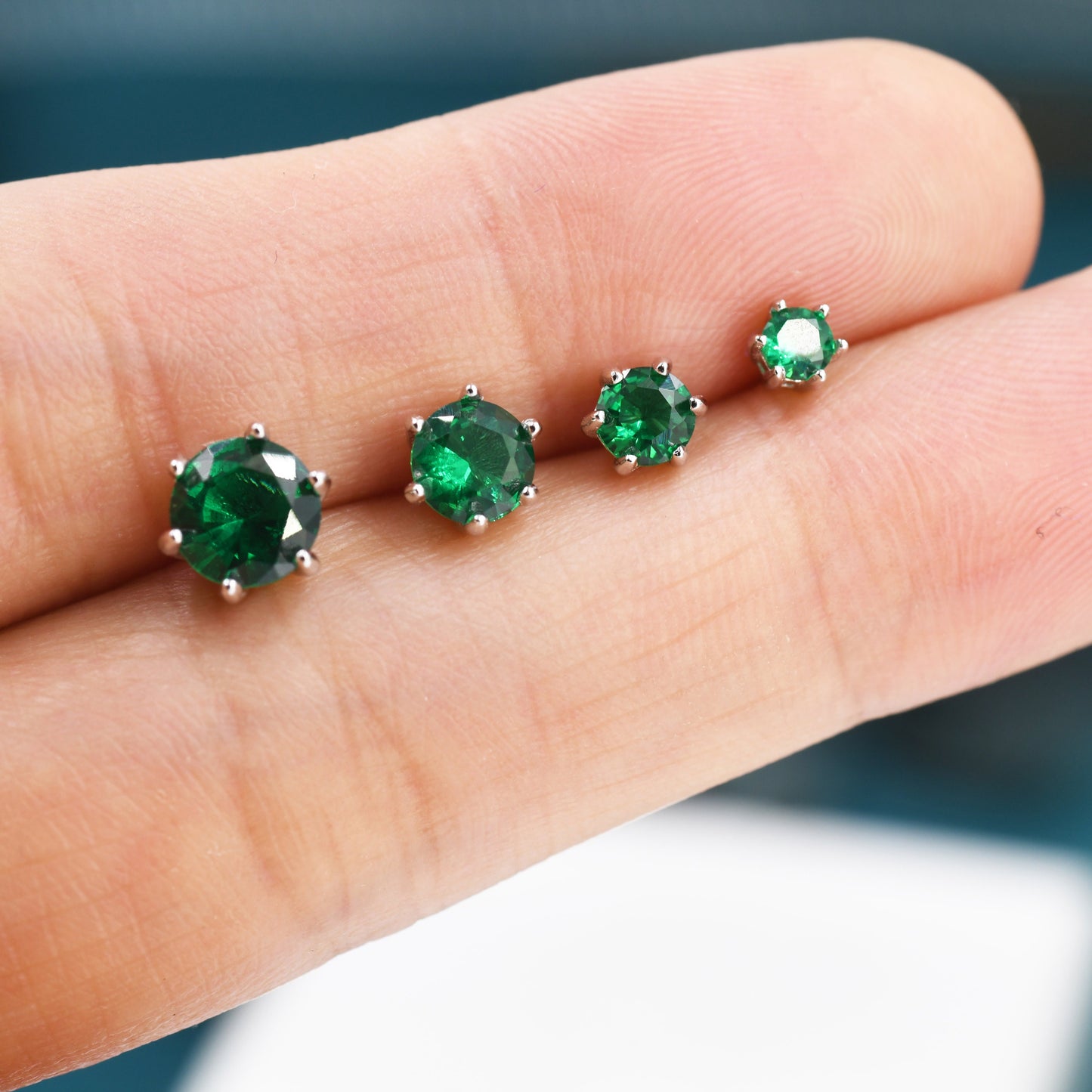 Emerald Green CZ Stud Earrings in Sterling Silver, Available in