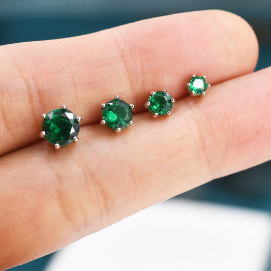 Emerald Green CZ Stud Earrings in Sterling Silver, Available in 3mm 4mm 5mm 6mm, Brilliant Cut Emerald Green CZ Earrings, Prong Set
