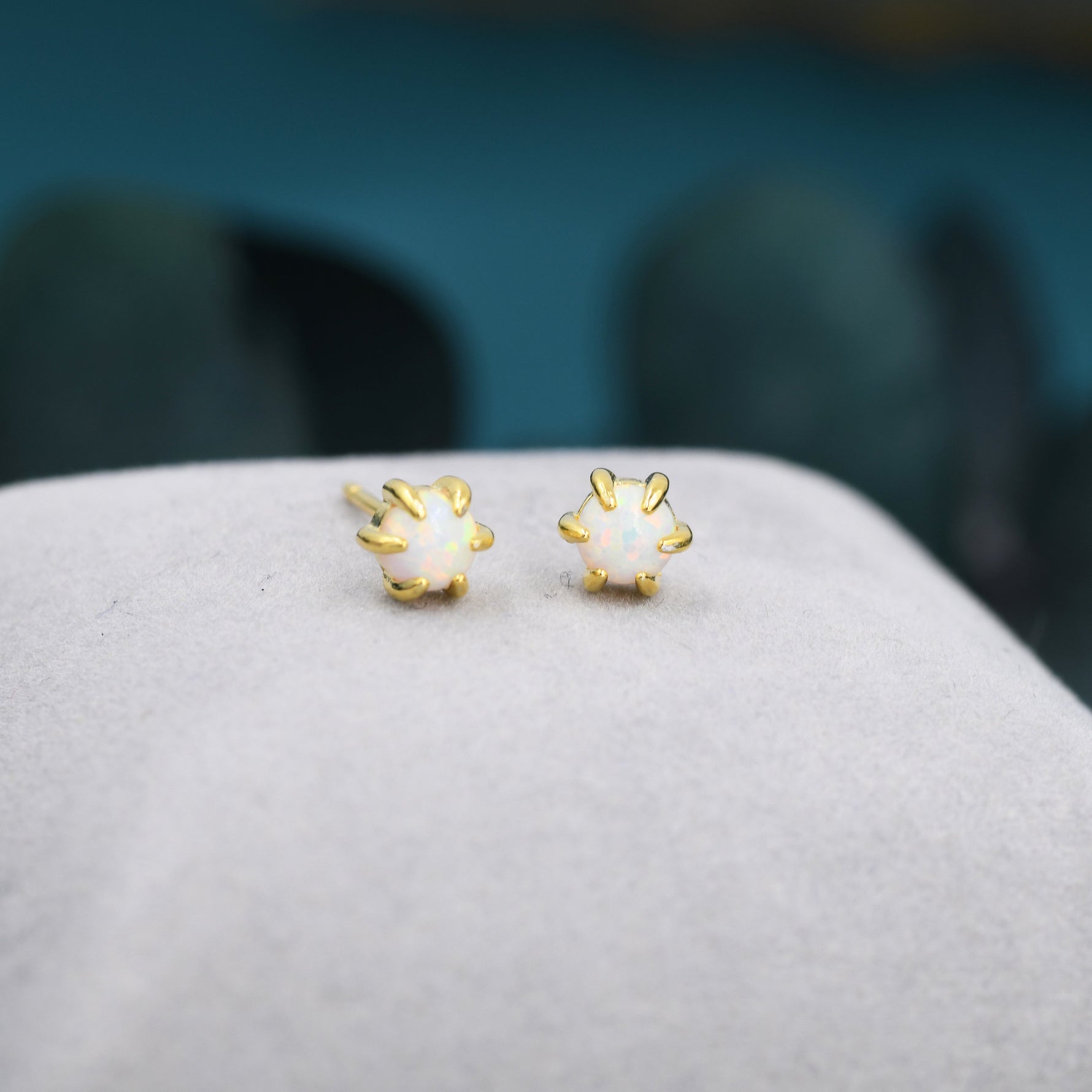 White Opal Long Prong Stud Earrings in Sterling Silver, Silver or Gold, Opal Earrings, Tiny Opal Earrings, Dainty Opal Cluster Earrings