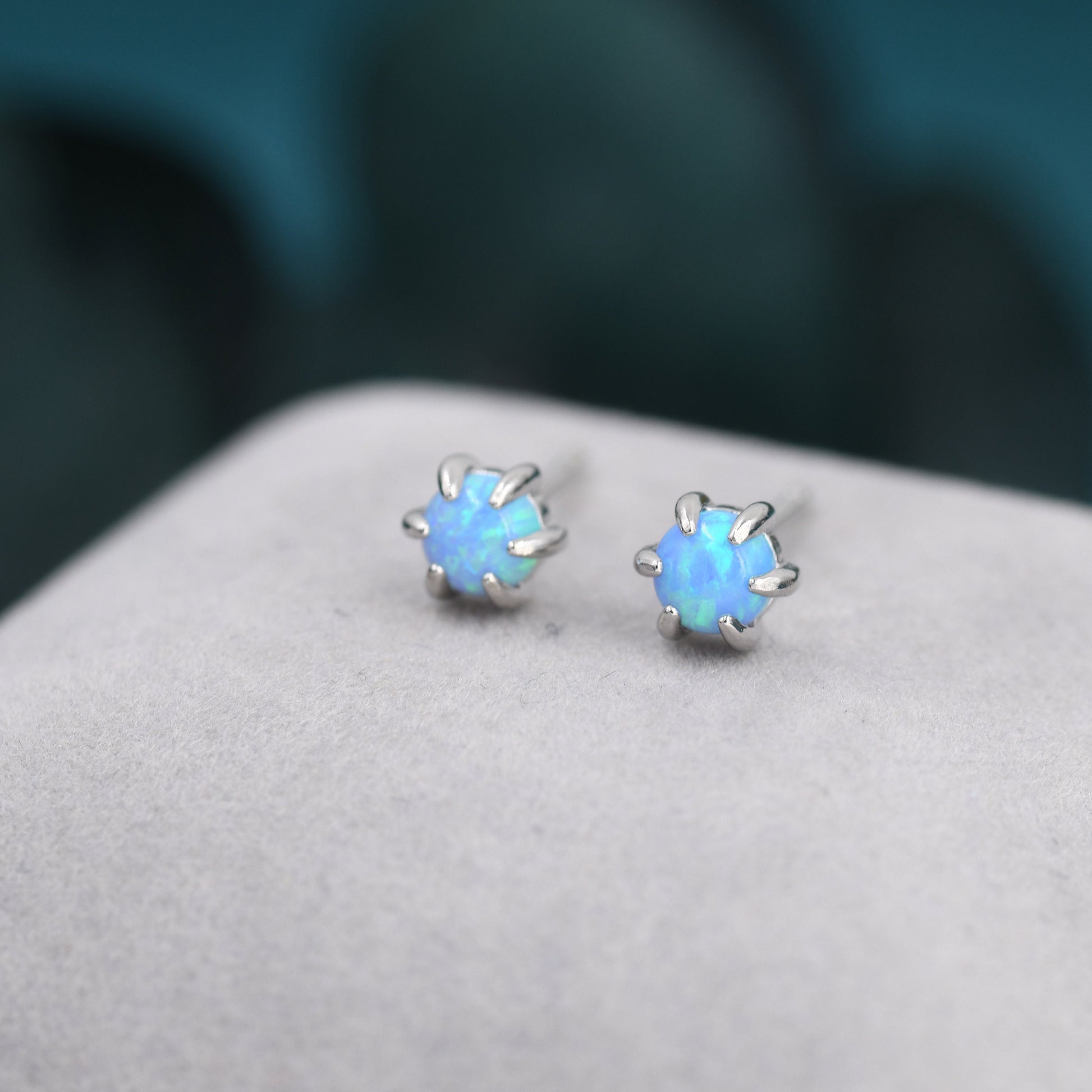 Blue Opal Long Prong Stud Earrings in Sterling Silver, Silver or Gold, 4mm Opal Stone