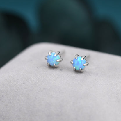 Blue Opal Long Prong Stud Earrings in Sterling Silver, Silver or Gold, 4mm Opal Stone