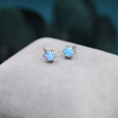 Blue Opal Long Prong Stud Earrings in Sterling Silver, Silver or Gold, 4mm Opal Stone