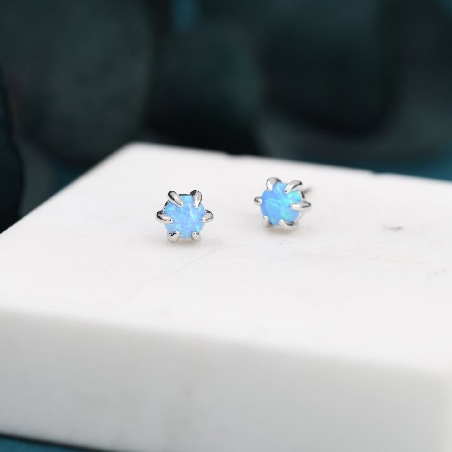 Blue Opal Long Prong Stud Earrings in Sterling Silver, Silver or Gold, 4mm Opal Stone