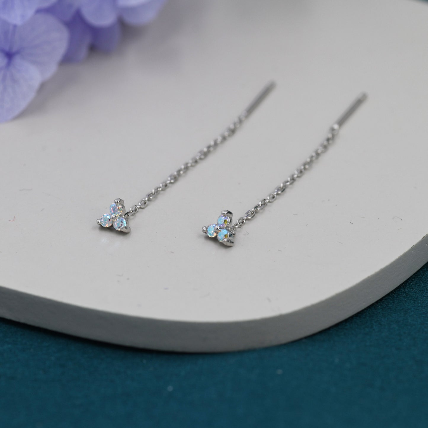 Aurora Borealis Three CZ Trinity Threader Earrings in Sterling Silver, Three Dot AB Crystal Ear Threaders, Trefoil Moonstone Earrings