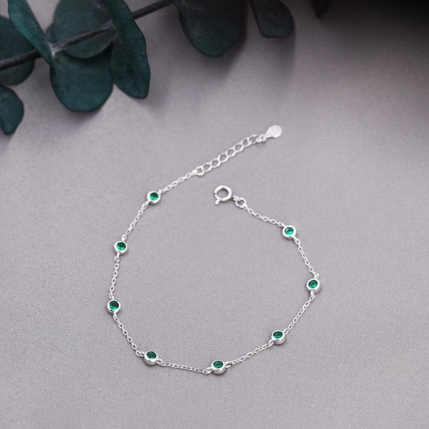 Emerald Green CZ Floating Bracelet or Anklet in Sterling Silver, Silver or Gold, Satellite Crystal Bracelet or Anklet, Solid Silver Bracelet