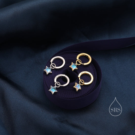 Moonstone Star Dangle Huggie Hoop Earrings in Sterling Silver, Silver or Gold, Simulated Moonstone Star Hoops, Detachable Hoops