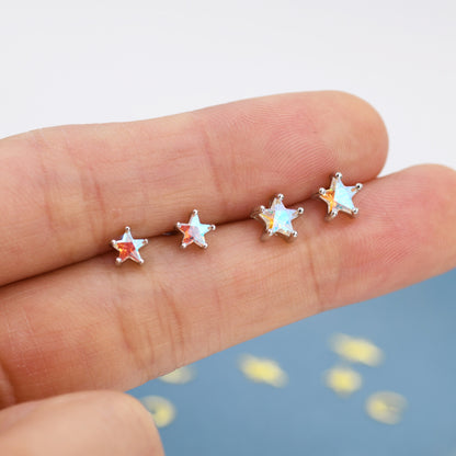 Aurora Borealis AB CZ Star  Stud Earrings in Sterling Silver,  Silver or Gold, AB Crystal Star Earrings, Colour Changing Moonstone Star