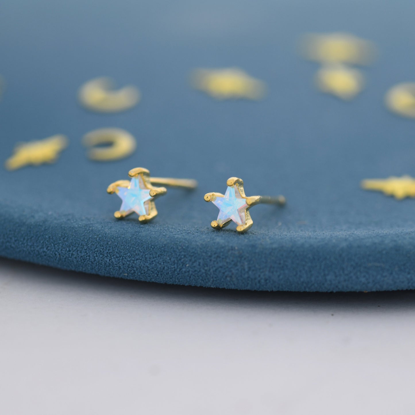 Aurora Borealis AB CZ Star  Stud Earrings in Sterling Silver,  Silver or Gold, AB Crystal Star Earrings, Colour Changing Moonstone Star