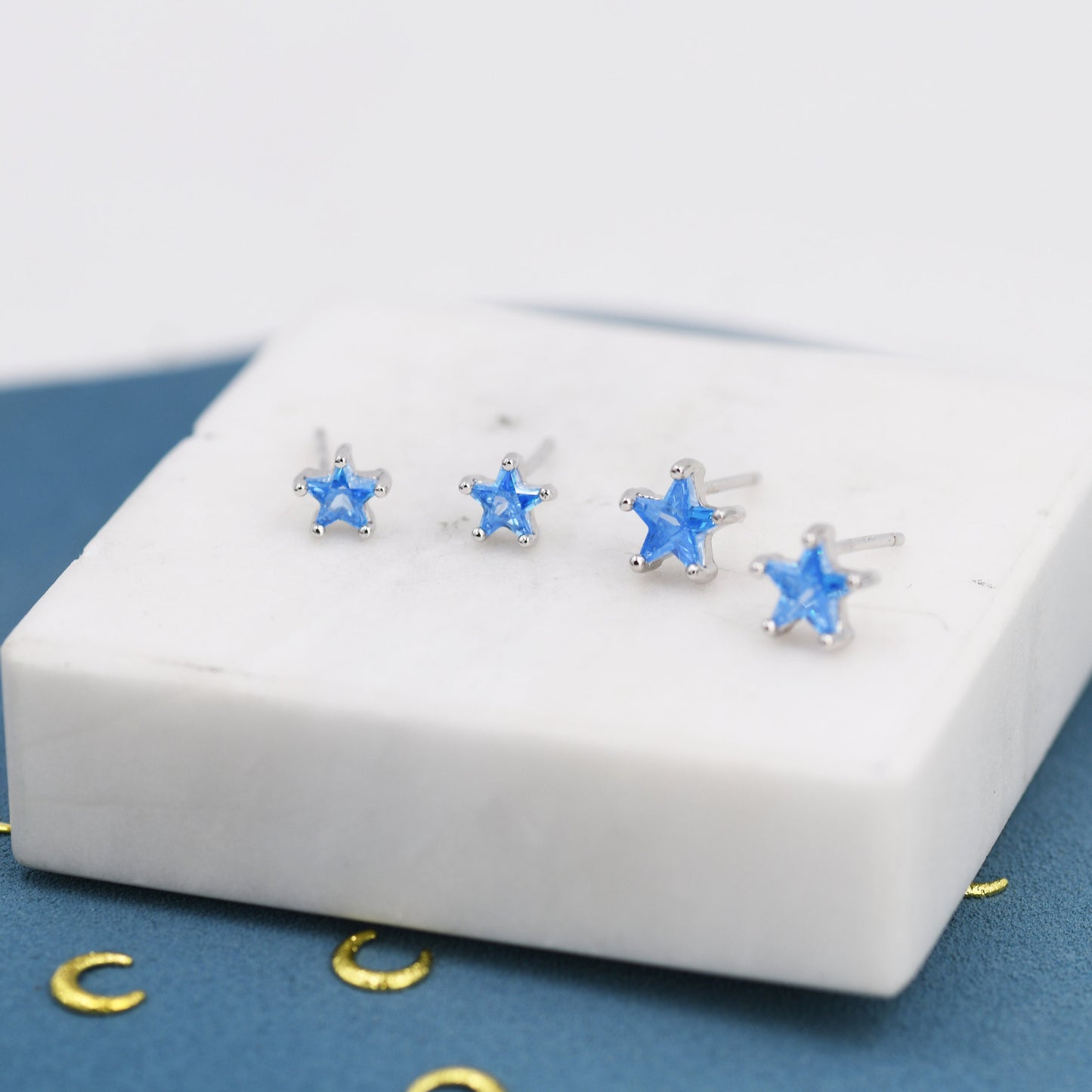 Aquamarine Blue CZ Star Stud Earrings in Sterling Silver, Silver or Gold, Blue Star CZ Earrings