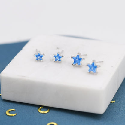 Aquamarine Blue CZ Star Stud Earrings in Sterling Silver, Silver or Gold, Blue Star CZ Earrings