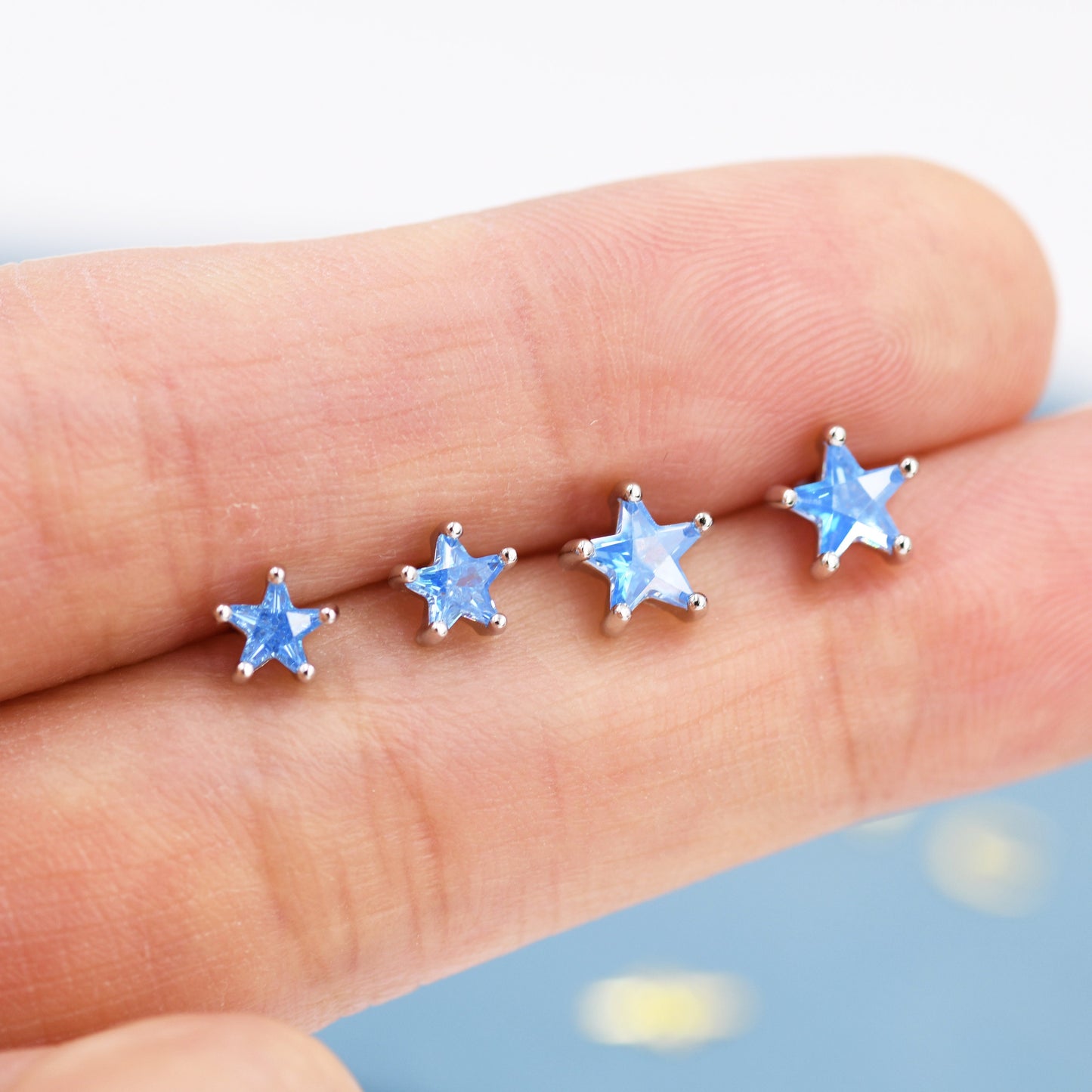 Aquamarine Blue CZ Star Stud Earrings in Sterling Silver, Silver or Gold, Blue Star CZ Earrings