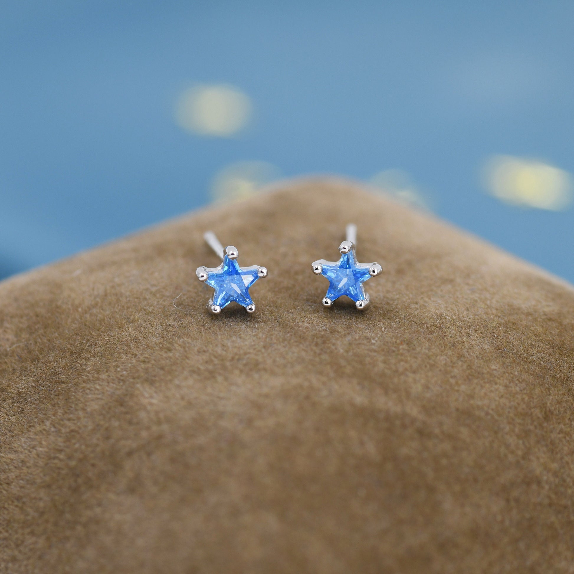 Aquamarine Blue CZ Star Stud Earrings in Sterling Silver, Silver or Gold, Blue Star CZ Earrings