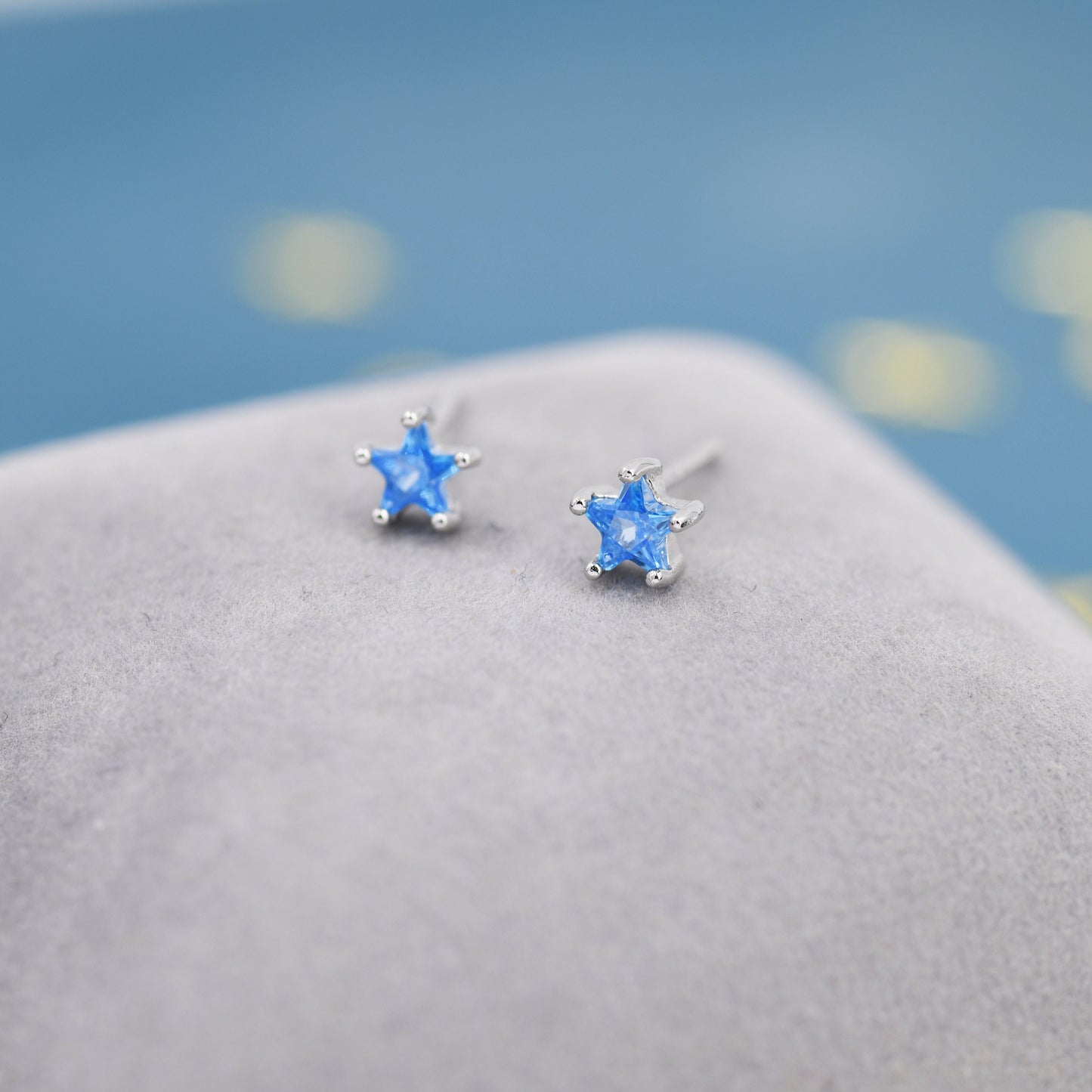 Aquamarine Blue CZ Star Stud Earrings in Sterling Silver, Silver or Gold, Blue Star CZ Earrings