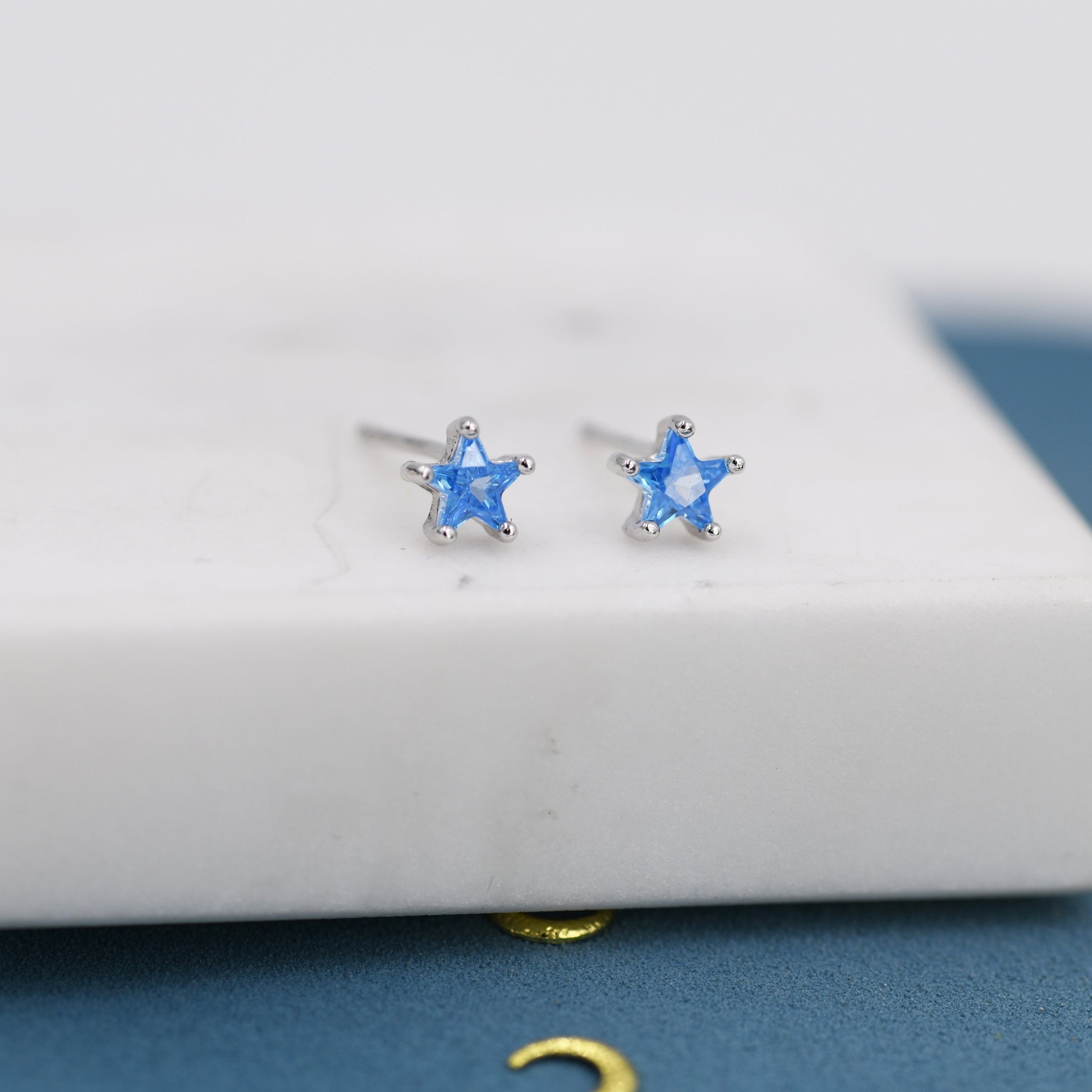 Aquamarine Blue CZ Star Stud Earrings in Sterling Silver, Silver or Gold, Blue Star CZ Earrings