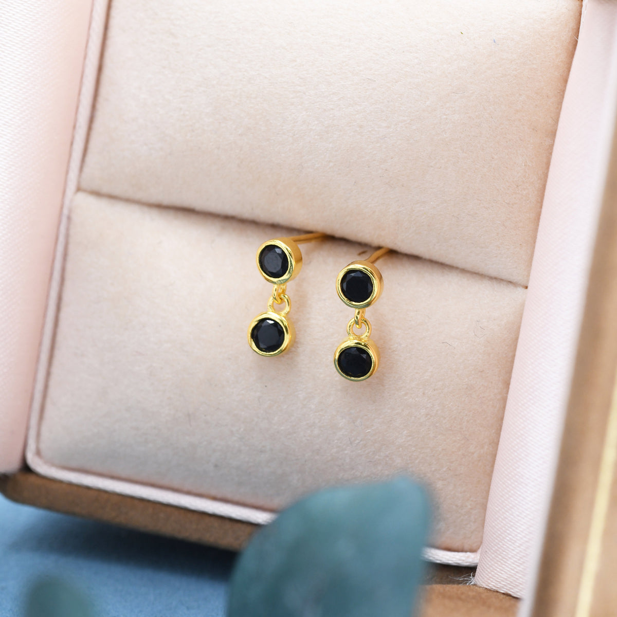 Double Black CZ Dangle Stud Earrings in Sterling Silver, Silver or Gold, Two CZ Bezel Earrings, Solid Silver Black Crystal Earrings