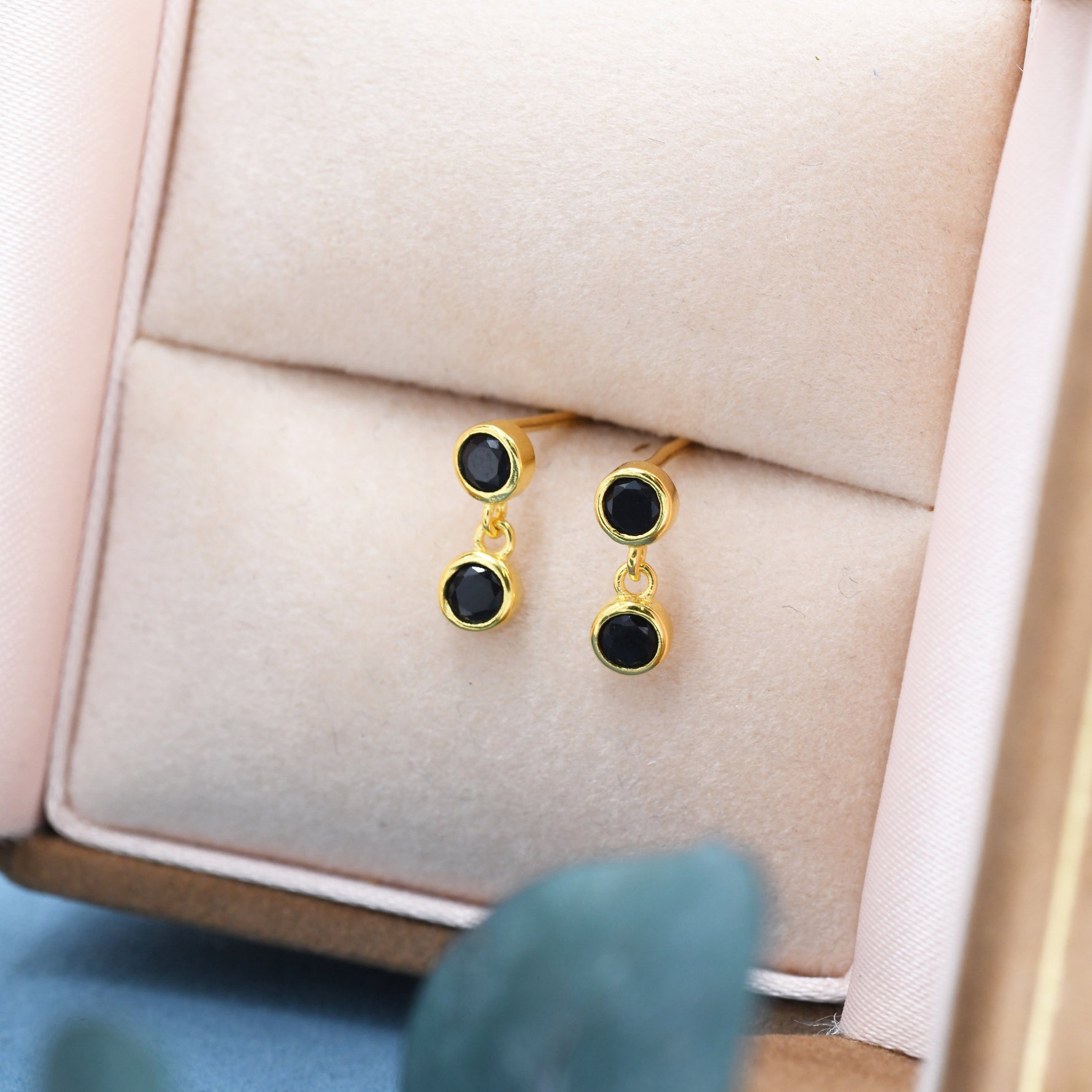 Double Black CZ Dangle Stud Earrings in Sterling Silver, Silver or Gold, Two CZ Bezel Earrings, Solid Silver Black Crystal Earrings