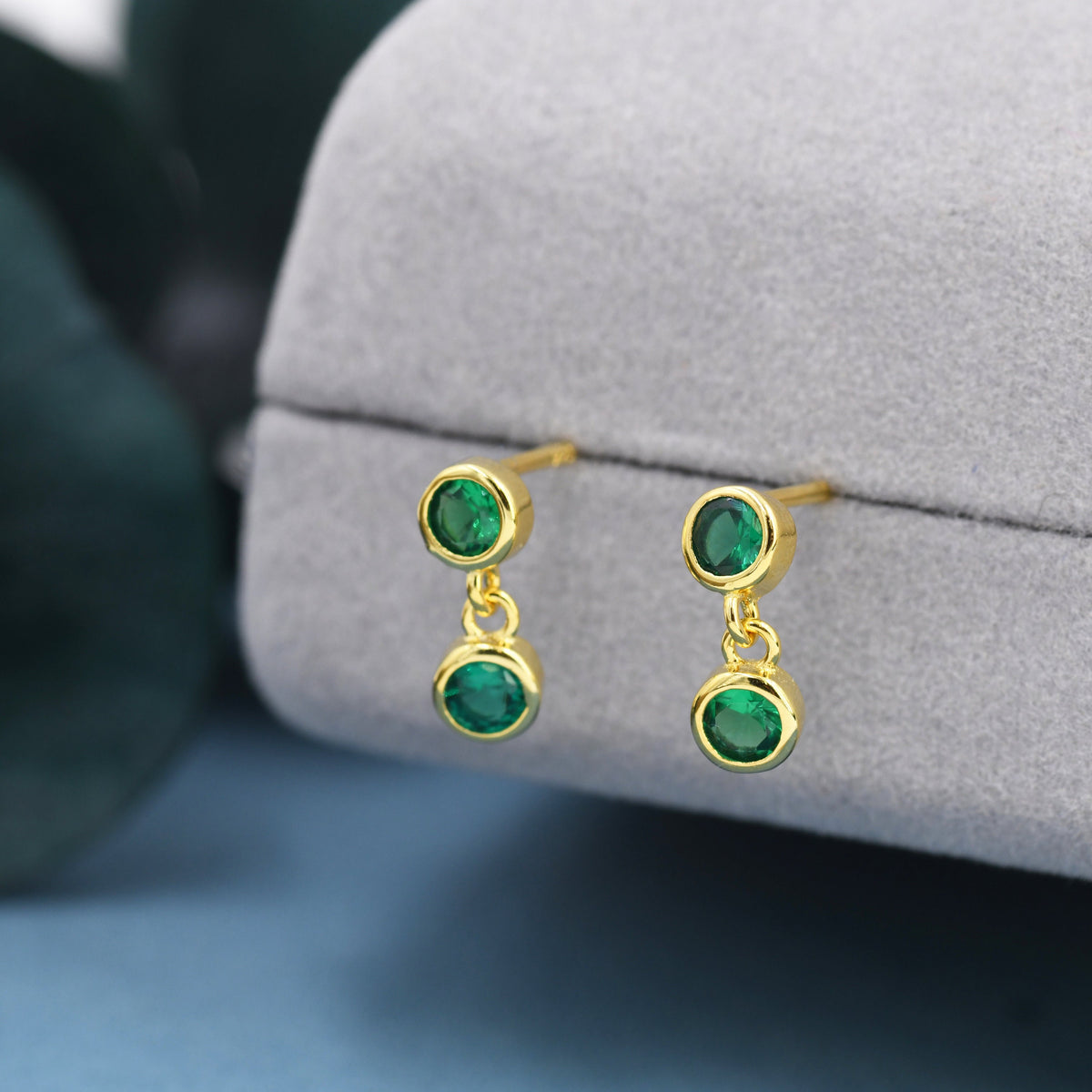 Emerald Green Double CZ Dangle Stud Earrings in Sterling Silver, Silver or Gold, Two CZ Bezel Earrings, Solid Silver Crystal Earrings