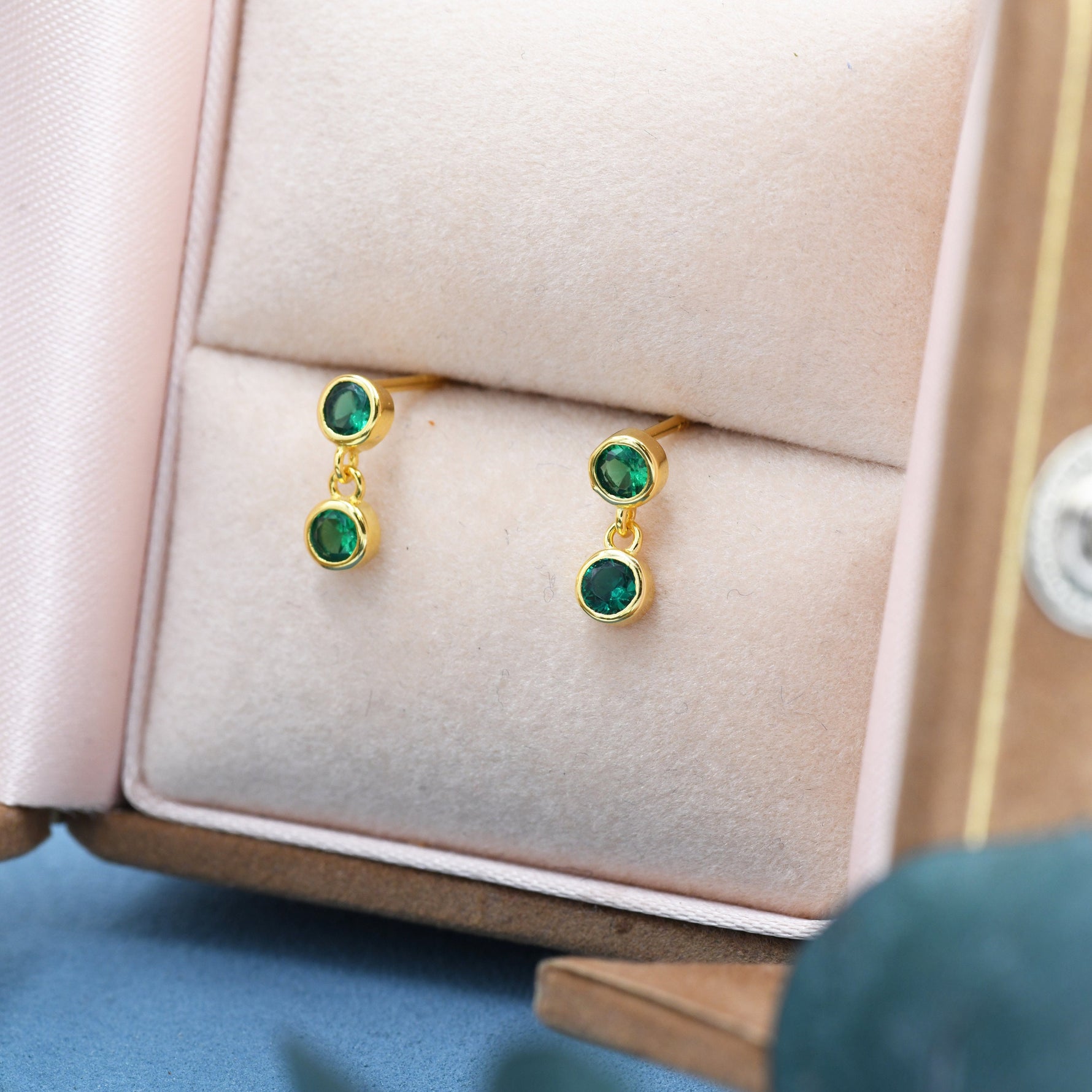 Emerald Green Double CZ Dangle Stud Earrings in Sterling Silver, Silver or Gold, Two CZ Bezel Earrings, Solid Silver Crystal Earrings