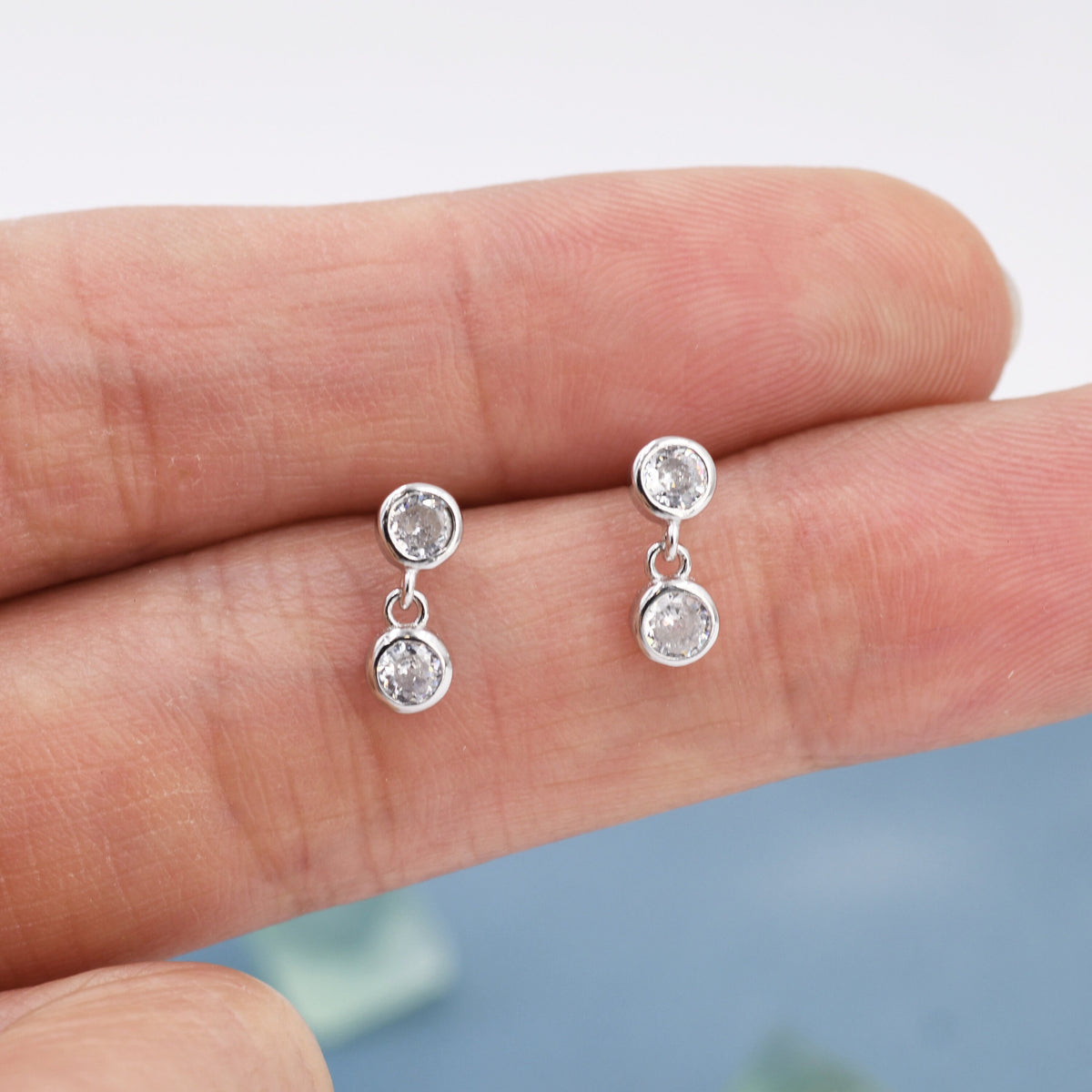 Double CZ Dangle Stud Earrings in Sterling Silver, Silver or Gold, Two CZ Bezel Earrings, Solid Silver Crystal Earrings