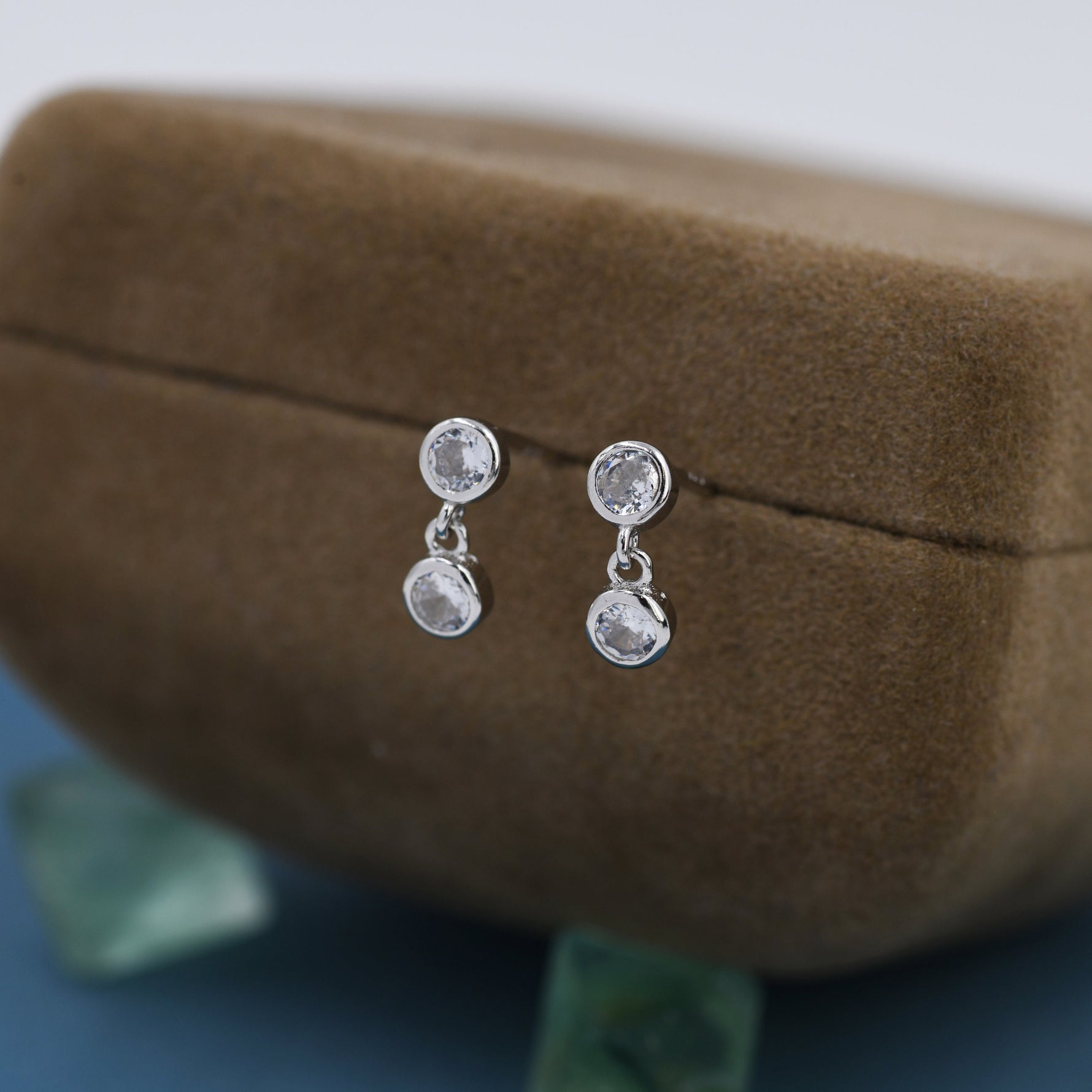Double CZ Dangle Stud Earrings in Sterling Silver, Silver or Gold, Two CZ Bezel Earrings, Solid Silver Crystal Earrings