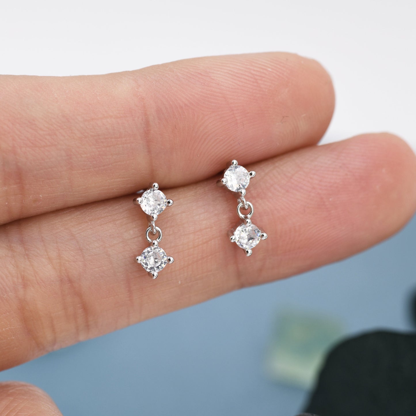 Tiny Double CZ Dangle Stud Earrings in Sterling Silver, Silver or Gold, Two CZ Prong Set Earrings, Solid Silver Crystal Earrings