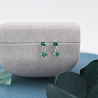 Tiny Emerald Green Double CZ Dangle Stud Earrings in Sterling Silver, Silver or Gold, Two CZ Prong Earrings, Solid Silver Crystal Earring