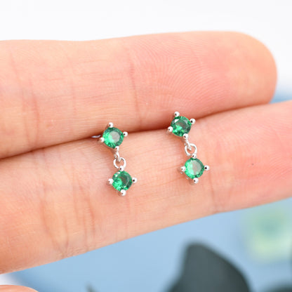 Tiny Emerald Green Double CZ Dangle Stud Earrings in Sterling Silver, Silver or Gold, Two CZ Prong Earrings, Solid Silver Crystal Earring