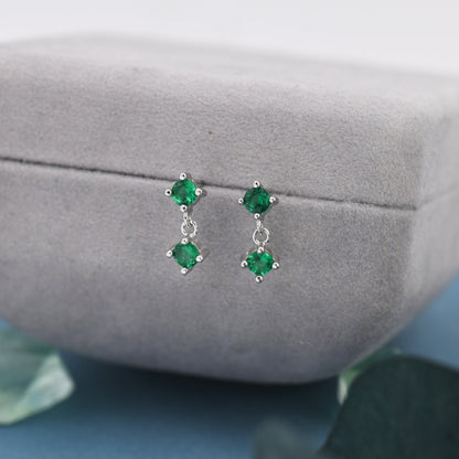 Tiny Emerald Green Double CZ Dangle Stud Earrings in Sterling Silver, Silver or Gold, Two CZ Prong Earrings, Solid Silver Crystal Earring