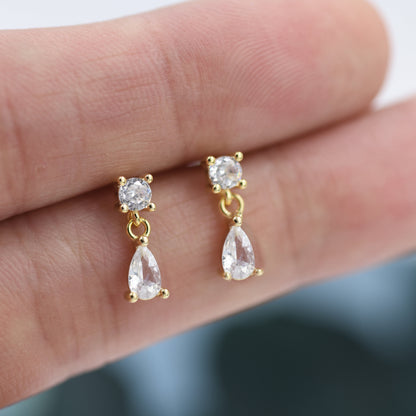 Tiny CZ Dangle Round and Droplet Stud Earrings in Sterling Silver, Silver or Gold, Two CZ Prong Set Earrings, Solid Silver Crystal Earrings